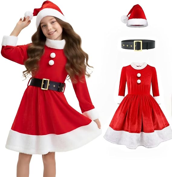 Girls Santa Dress, 3PCS Mrs Claus Costume for Kids Xmas Party | Age 4-12, Fluffy-pom-poms, Zip-back, Adj belt, Great for School Plays, Family Photos & Snow Fun, Soft Velvet, Warm, Non-fade