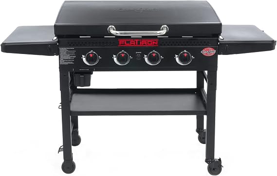 Char-Griller Flat Iron 4-Burner Propane Gas Flat-Top Griddle with Steel Griddle Top, Hinged Lid, Wind Guards and Instant-Ignition, 775 Cooking Square Inches in Black, Model 8136