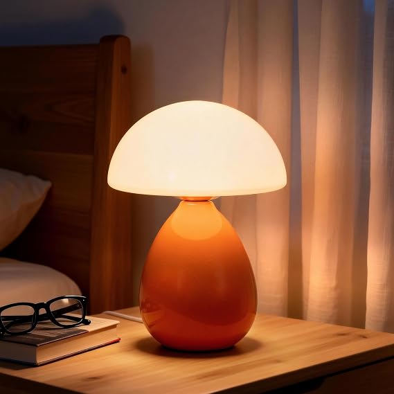 Small Mushroom Table Lamp for Bedside & Nightstand, Orange | Cute, Tiny, Modern, Ceramic, Glass, Unique, Aesthetic, Bedroom, Living Room, Office, Home Decor, Birthday Gifts for Women
