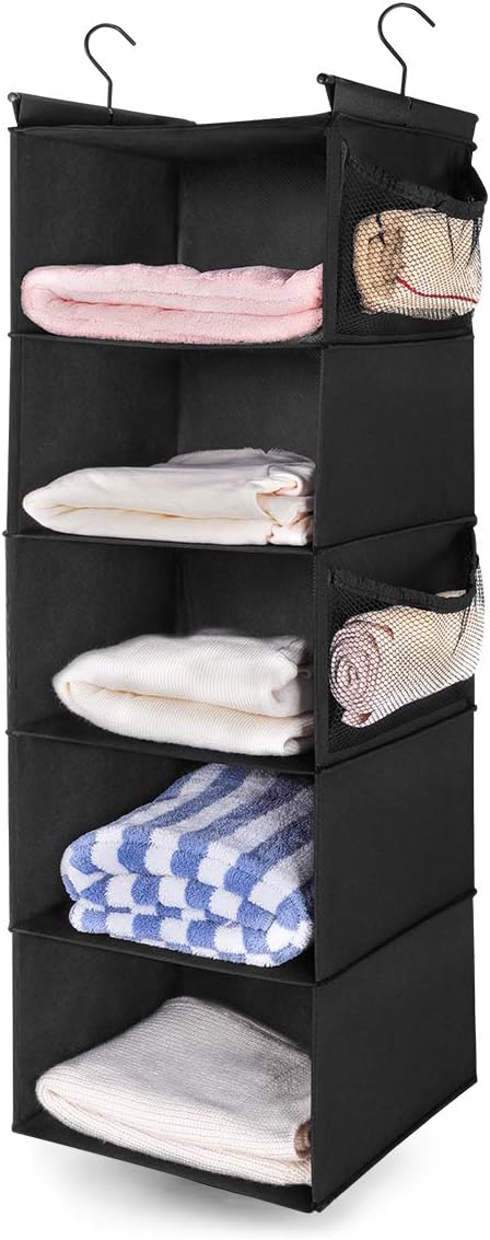 MAXhouser 5 Shelf Hanging Closet Organizer Space Saver Cloth Hanging Shelves 4 Side Pockets, Foldable, Black | クローゼット用折りたたみ式ファブリックハンギングシェルフ、布製吊り下げ棚、頑丈な吊り下げフック2個付き、省スペース。