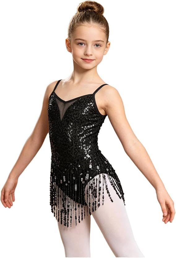 Loyan Kid Girls Latin Dance Dress Leotards Shiny Sequins Dancewear Ballroom Tassel Hem Rumba Samba Dance Costume