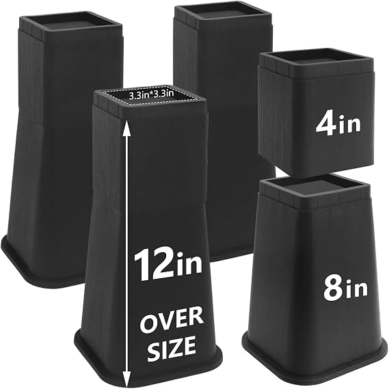 Bed Risers 12 Inch Heavy Duty, 4 Pack Adjustable Furniture Risers | for Dorm Twin XL Table Desk Sofa Couch Cabinet Bed Frame, Black Bed Lifts Risers Stackable