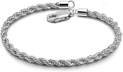 Dankadi Men Diamond Cut 925 Sterling Silver 3mm Twist Rope Chain Bracelets Women Bangle Clasp Rope Box Chain link 6.3 6.7 7 7.5 8 8.5 9 Cuff Jewelry Gifts