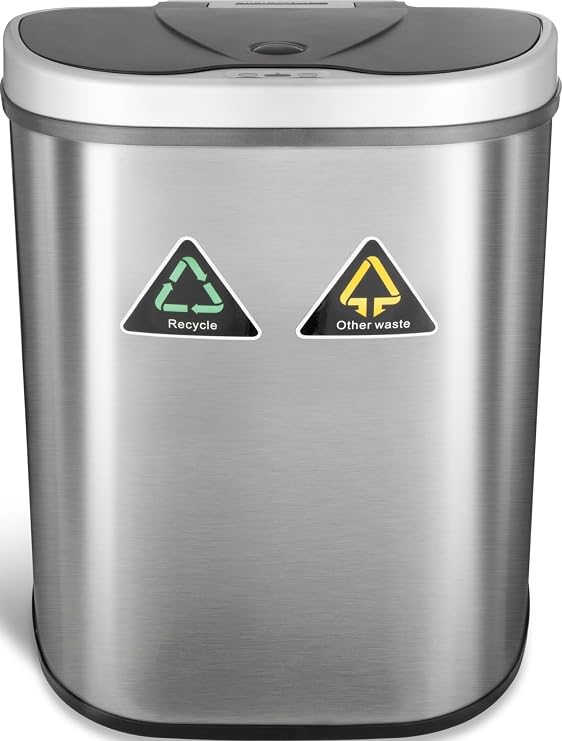 Ninestars DZT-70-11R Automatic Touchless Motion Sensor Semi-Round Trash Can/Recycler, 18.5 Gal. 70 L., Stainless Steel