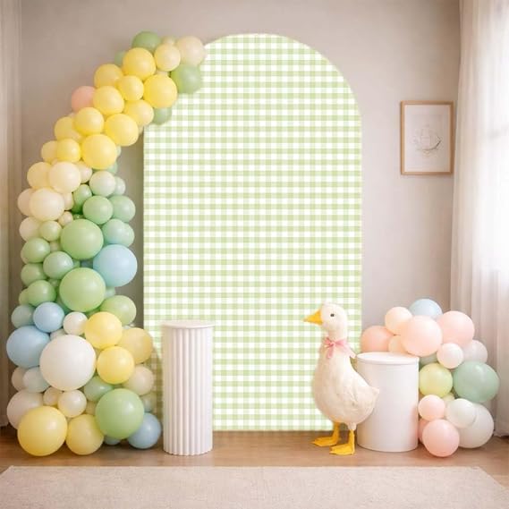Silly Goose Arch Backdrop Cover Plaids Gingham Stretchy Spandex Arch Stand Cover for Girl Boy 1st Birthday Party Easter Baby Shower Decoration (6.6FT,Light Green)