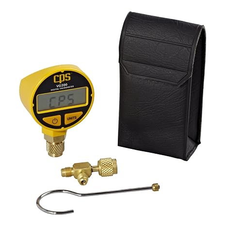 CPS VG200 Digital Vacrometer Vacuum Gauge, Measures Microns, Millibar, TORR, InchesHG, Two Button Operation, Automatic Temperature Compensation, 5-digit LCD Display, Padded Case, T-Fitting and Hook