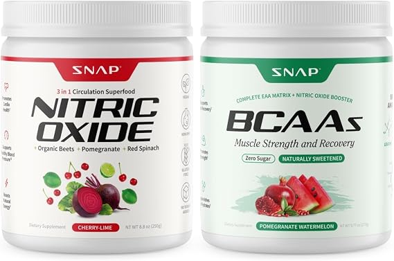 Snap Supplements Nitric Oxide Beet Root Cherry Lime Powder  BCAA Pomegranate Watermelon Powder Bundle, 30 Servings Each