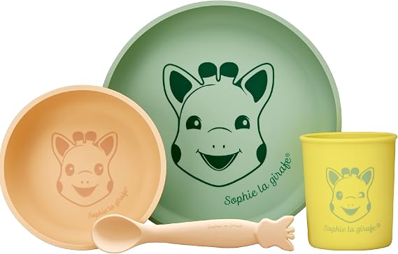 Sophie la girafe Silicone Baby Feeding Set, Includes Plate, Bowl, Cup, and Spoon, Dishwasher and Microwave Safe