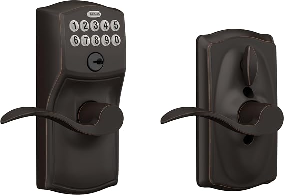 Schlage Electronic Keypad Lock, Lever Handle, Camelot Trim, Aged Bronze