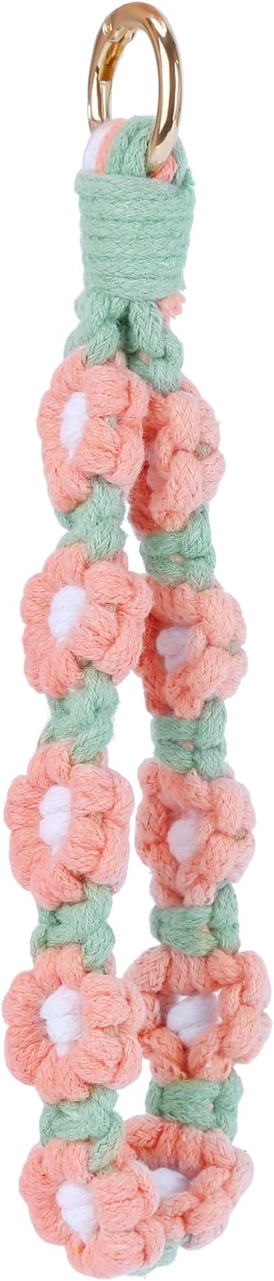 Boho Macrame Wristlet Keychain for Women Handmade Woven Crochet Flower Keychain