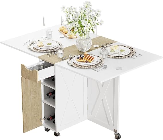 Folding Dining Table with 2 Tier Storage-Extendable Drop Leaf Farmhouse Wood Kitchen Dining Room Tables Set for 4, Folding Kitchen Table with 6 Wheels, (Pear Wood Color and White)