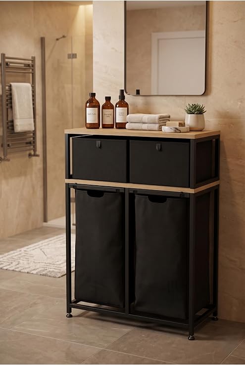 Metal Kızaklı Çamaşır Sepeti 2 Adet Saklama Kutulu 2X40 LT Kirli Sepeti Büyük Boy Raflı Kirli Sepeti Siyah 60 x 100