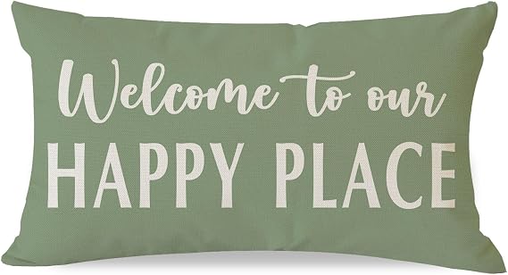 Throw Pillow Cover 12x20 Welcome to Our Happy Place, Sage Green