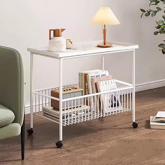 2 Tier End Table with Storage Basket Easy Assembly Iron Side Table Nightstand Bedside Tables with Wheels for Small Spaces, Bedroom, Living Room, Entryway(White,55cm)