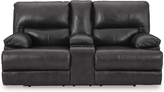 Signature Design by Ashley Mountainous Modern Leather Match Wall Hugger Power Reclining Loveseat with Adjustable Headrest, USB Ports, Storage and Cup Holders, Black