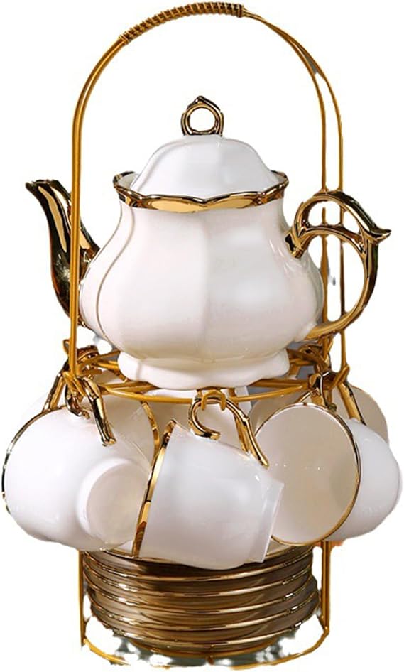 13PCS Coffee Cup Set, Tea Cup Set, Ceramic Modern Tea Cup and Tea Set (White Gold Border)