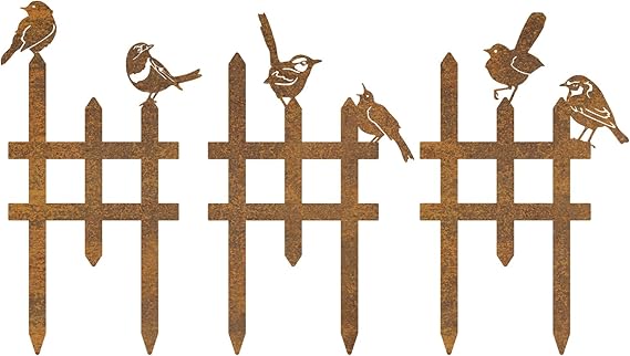 3 Pcs Small Garden Fence with 6 Pieces Birds Decoration, Metal Birds Yard Decor, Insert Lawn Picket Fence Garden Borders Decorative for Landscape Path Flowerbeds Plant Yard, Fence Decorations Outdoor