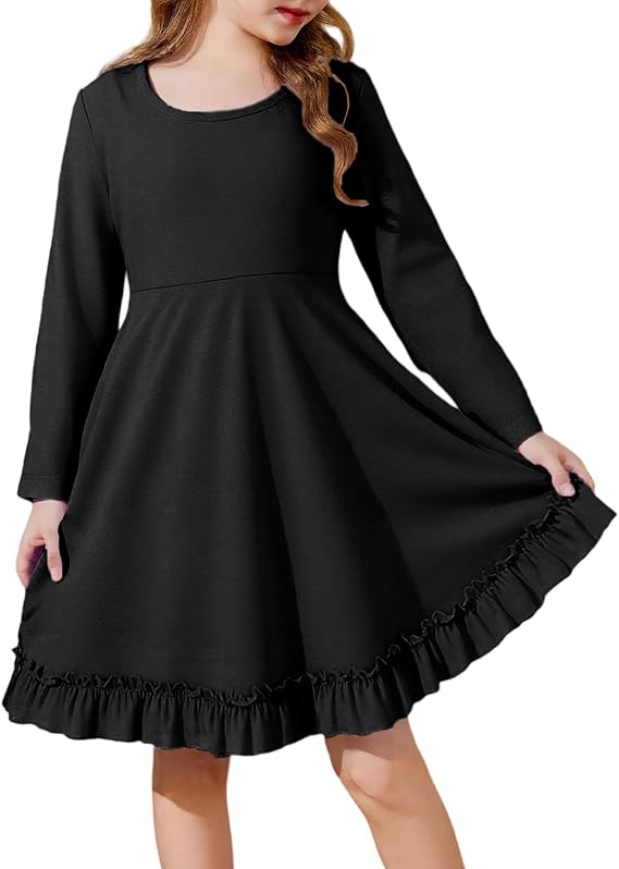 JiAmy Girls' Long Sleeve A-Line Twirl Dress with Hidden Pockets 4-12Y | Polyester-cotton dress with scoop neck, high waist and tiered ruffle hem for school, church and daily wear; sizes 4-12