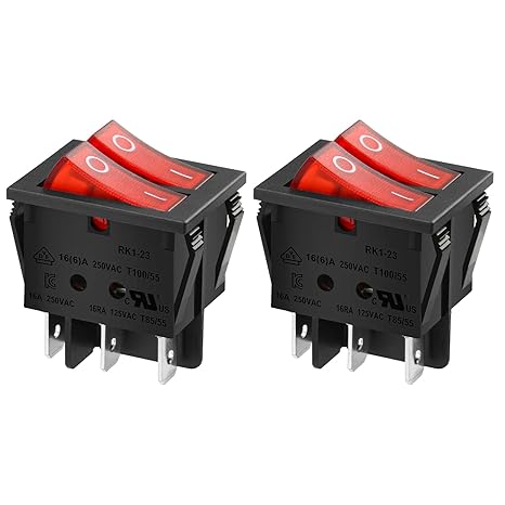 Heschen Double Rocker Switch, DPST ON-Off 6-Pin Power Switch with Red Indicator Light, 16A 250V AC, 29x22mm Panel Cutout, UL VDE Certified (2 Pack)