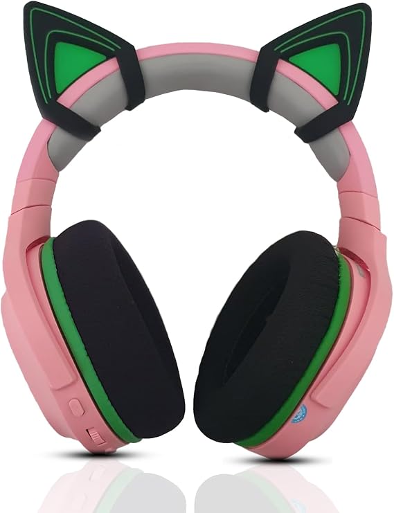 Cute Cat Ears Fits, Fits All Headphones, Universal Fit Lovely Kitty Adjustable Attachment Straps for Video Live Gaming Headphone, Black & Green