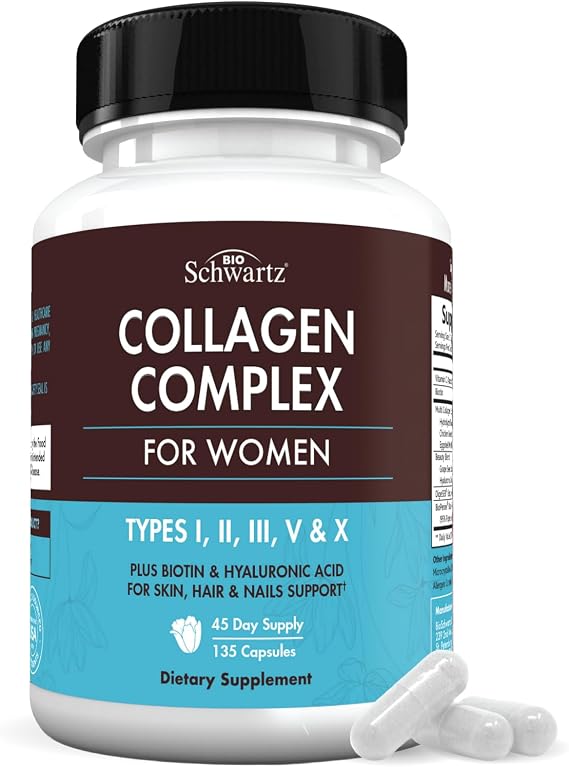 Collagen Peptide Capsules - Multi Collagen Supplements for Women, 135ct | Types I, II, III, V, X with Vitamin C, Biotin, Keratin & Hyaluronic Acid for Healthy Skin, Hair & Nails, Bioschwartz