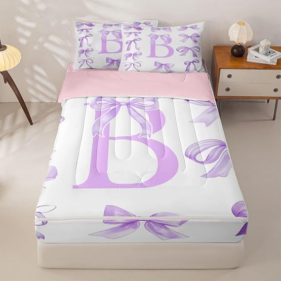 Feelyou Kawaii Purple Bow Zipper Bedding for Kids Personalized Initial B Twin Comforter Set with Fitted Sheet 2 Pillowcases Monogrammed Bed in a Bag Soft Lightweight Microfiber