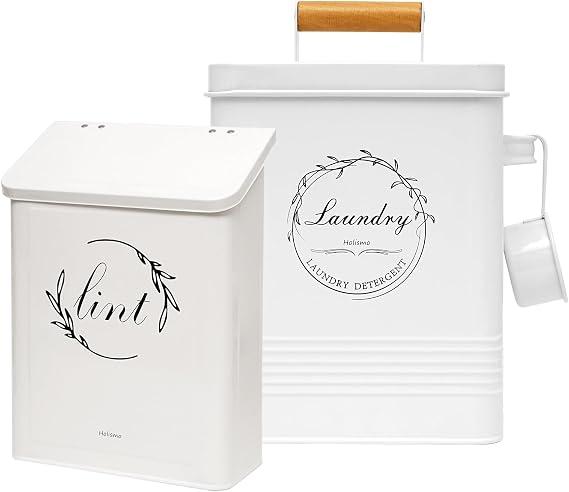 Magnetic Lint Bin with Dryer Lint Brush and Hooks for Laundry Room Organization, Modern Farmhouse Metal Laundry Room Decor Soap Dispenser With Lid and Hand Scoop.