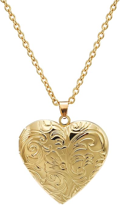 Antique Empaistic Carved Photo Locket Hold Picture Engraved Flower Pattern Oval Round Heart Vintage Pendant Necklace for Women Memory Romantic Souvenir Jewelry