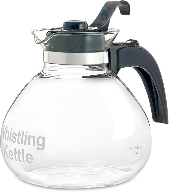 Cafe Brew Glass Tea Kettle, 12 Cup | German borosilicate glass. Gas & electric stovetop safe. Heat resistant. Whistles at boil. 12-cup capacity.