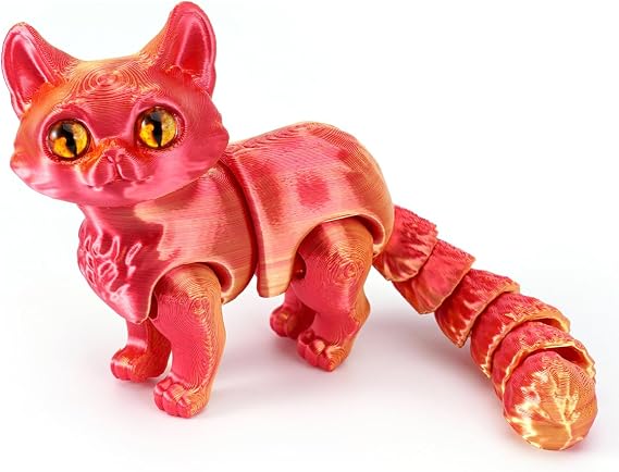 QINGMIAO 3D Printed Cat, Articulated Black Cat Toys for Adult, 3D Print Animals Fidget Toys Decor for Stress Relief, 3D Printing Cute Cat Action Figure (Red Gold)