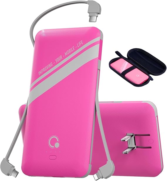 10000mAh Power Bank, Q Slim Portable Charger,4 Output External Battery Pack with Built-in AC Wall Plug Micro USB C Three Cables Compatible with All Kinds of mobilephone (Pink)