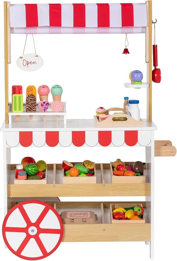 Ice Cream Cart Playset, Wooden Grocery Store with Display Shelf