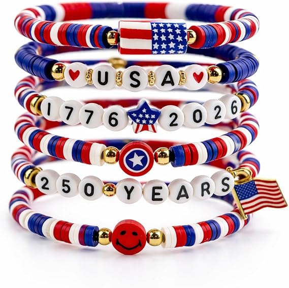 4th of July Outfits for Women - 6 Pack Patriotic Bracelets for 250th Anniversary USA Shirt | 250th Anniversary 1776-2026 USA Merchandise | Fourth of July Accessories Decorations Party Favors