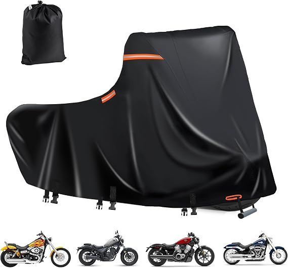 Motorcycle Cover Waterproof Outdoor,600D Heavy Duty Motorcycle Cover,Nano Silver Inner,5 Reflective Strips,2 Air Vents,Antenna Zipper for Softail Standard,Street Bob,Fat Boy(3XL 109"x44"x56" Black)