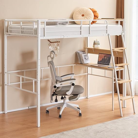 Loft Bed for Adults with Desk, Pipe Bed, Loft, Steel Bed with Ladder, Single Bed, Pipe Bed Frame, With Outlet, Earthquake-resistant, Sturdy, Under Bed Storage, Space-saving, Height 170cm