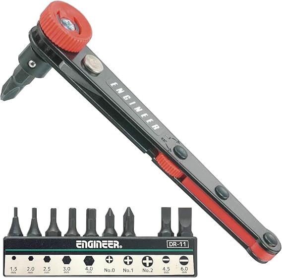 ENGINEER DR-06 Offset Ratcheted Screwdriver with 10 bits assorted in a bullet holder, Made in Japan