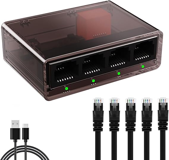 Gigabit Ethernet Splitter 1 to 4 with 5 Cat6 1M Ethernet Cables 1000Mbps High-Speed Internet RJ45 Network Switch Gigabit RJ45 LAN Network Extension for Cat5/5e/6/7/8 Cable