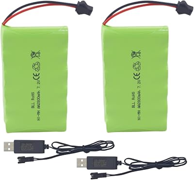 Fytoo 2PCS 7.2V 2800mah AA Rechargeable Battery with SM-2P Plug with USB Charging Cable for Huina 1550 550 RC Excavator Car Truck Engineering Car TR-211 RC Toy Battery