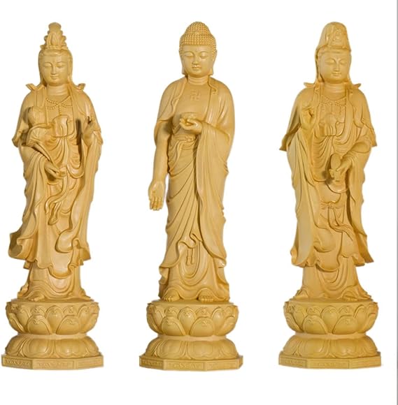 3Pcs Buddha Statue,Hand Carving Boxwood Kuanyin-Amitabha-Ksitigarbha Buddha Statue|Quan Yin Statue Home Office Decor Sculpture Figurines