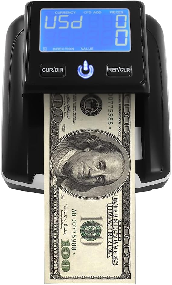 Portable Counterfeit Bill Money Detector Machine Modern Rechargeable Any Way Direction USD & EUR Counterfeit Bill Detector with Display Counterfeit Money Detector for Office Home Store, Black