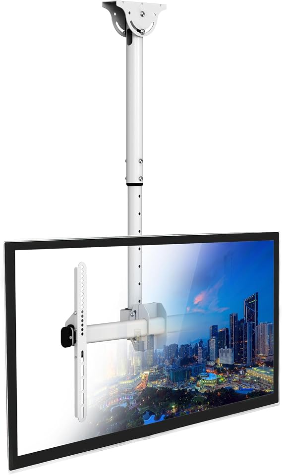 Mount-It! TV Ceiling Mount Bracket, 32-75", 110 lbs, White | Full motion 360 rotation, height adjustable 22-36", VESA 200x200-600x400, fits flat or vaulted ceilings.