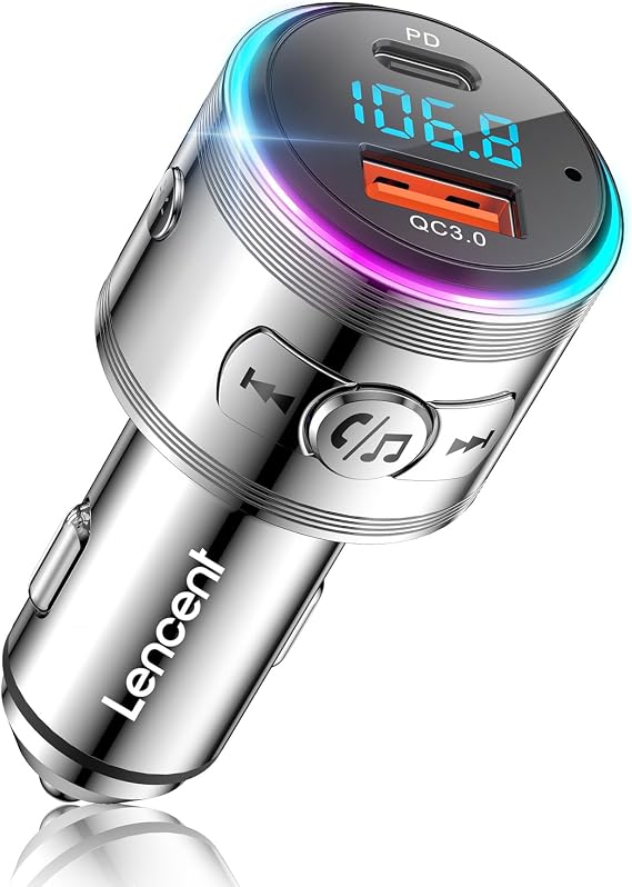 LENCENT Full Metal Bluetooth 5.3 Car Adapter,Bluetooth Transmitter for Car | Dual USB Fast Charging 48W(PD 30W & QC3.0 18W), Wireless FM Radio Transmitter with Hi-Fi Music, Hands-Free Calling