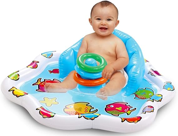Baby Splash Pad with Inflatable Backrest and Stackable Ring Toys Sensory Water Play Mat for Infants and Toddlers Summer Outdoor Fun