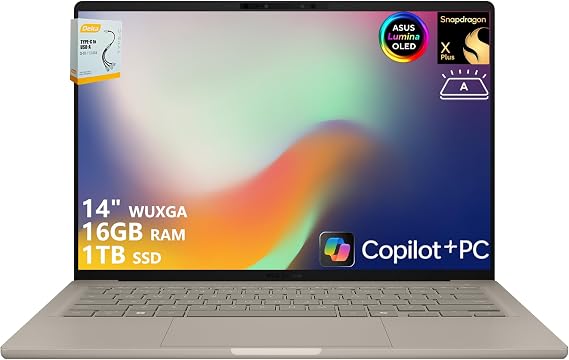 ASUS Zenbook A14 AI PC Laptop | 14" WUXGA OLED (100% DCI-P3) | Qualcomm Snapdragon X Plus (Up to 45 Tops) | 16GB RAM 1TB SSD | for Creator Business Professional Win11 w/DLCA Accessory