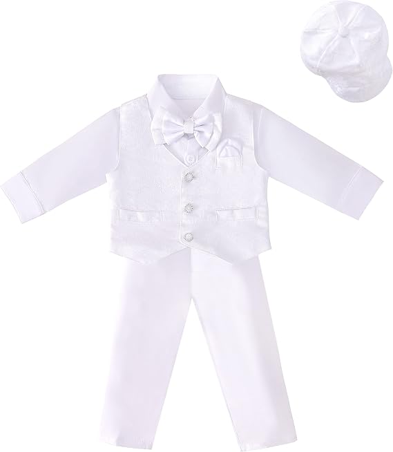 Dressy Daisy Infant Baby Boy Christening Clothing Baptism Outfit All White Suit Set with Bonnet Size 3-24 Months, Long Sleeve
