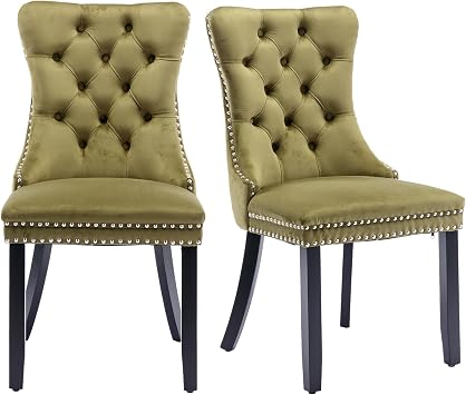 2 Velvet Kitchen Chairs Olive Green Tufted Dining Table Chair with Nailhead Trim Modern upholstered Chairs with Solid Wood Leg and Back Pull for Western Restaurant Living Powder Room Hotel