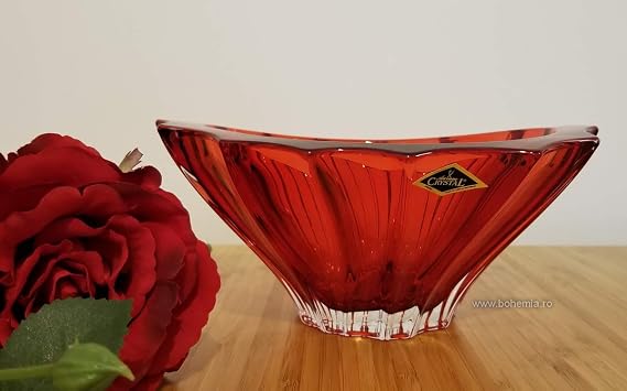 Czech Bohemian Crystal Glass Bowl 8'' Red Vintage European Design Elegant Centerpiece Dish Fruits Desserts Home Decor Wedding Birthday