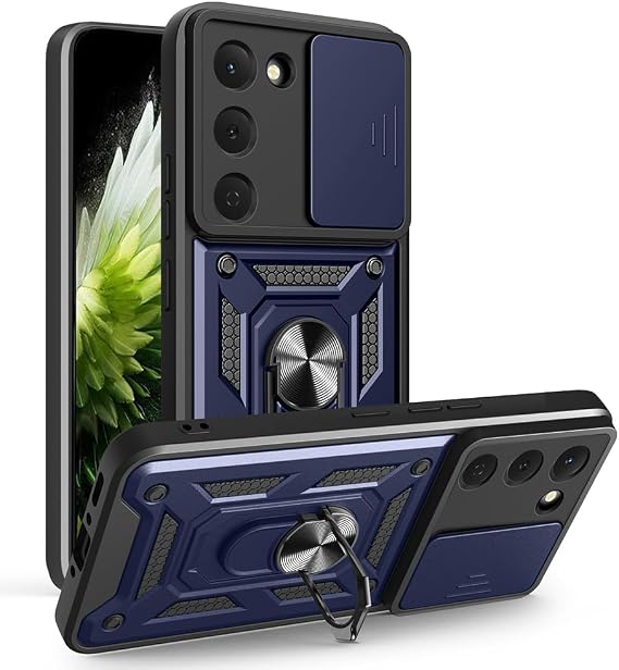 Aksesuarcim Tecno Spark 40 Pro ile Uyumlu Kılıfı Silikon Stand Yüzüklü Araç Tutucu Mıknatıslı Darbe ve Kamera Korumalı Tank Sürgülü Kapak Lacivert