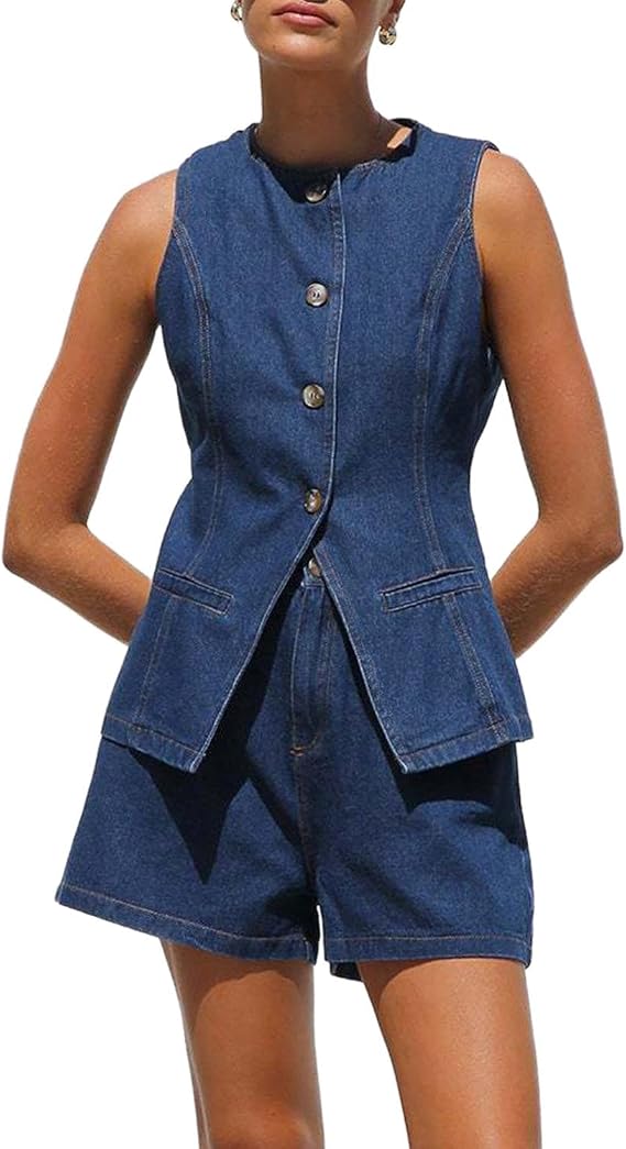 Denim Vest 2 Piece Sets for Women Jean Jacket Y2K Business Casual Outfits High Waist Shorts