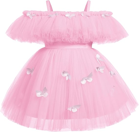 Toddler Baby Girl Tutu Dress Birthday Cake Smash Outfits Cold Shoulder Flower Butterfly Wedding Dress